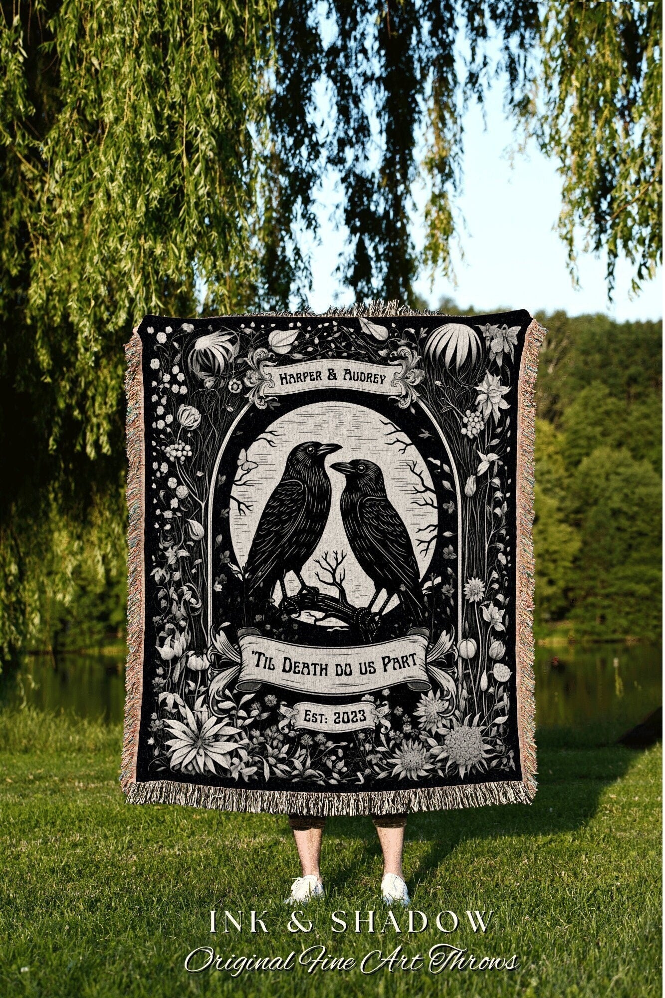 Crow Couple 'Til Death do us Part' Blanket | Custom Goth Couples Romantic Gift Tapestry Personalized Name Blanket Anniversary Gift Gothic |