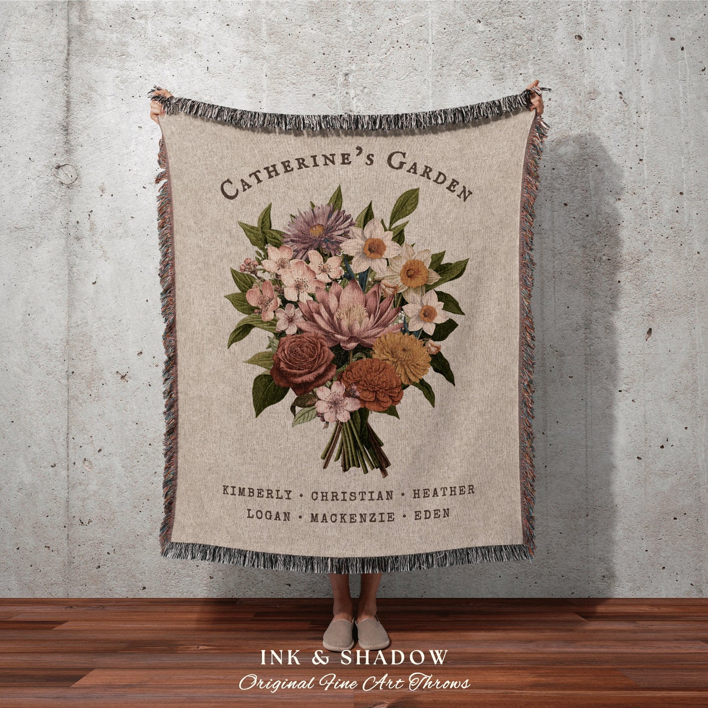 Custom Family Birth Flower Bouquet Personalized Family Name Tapestry Woven Throw Blanket Gift from Family Flower Art Thoughtful Gift for Mom