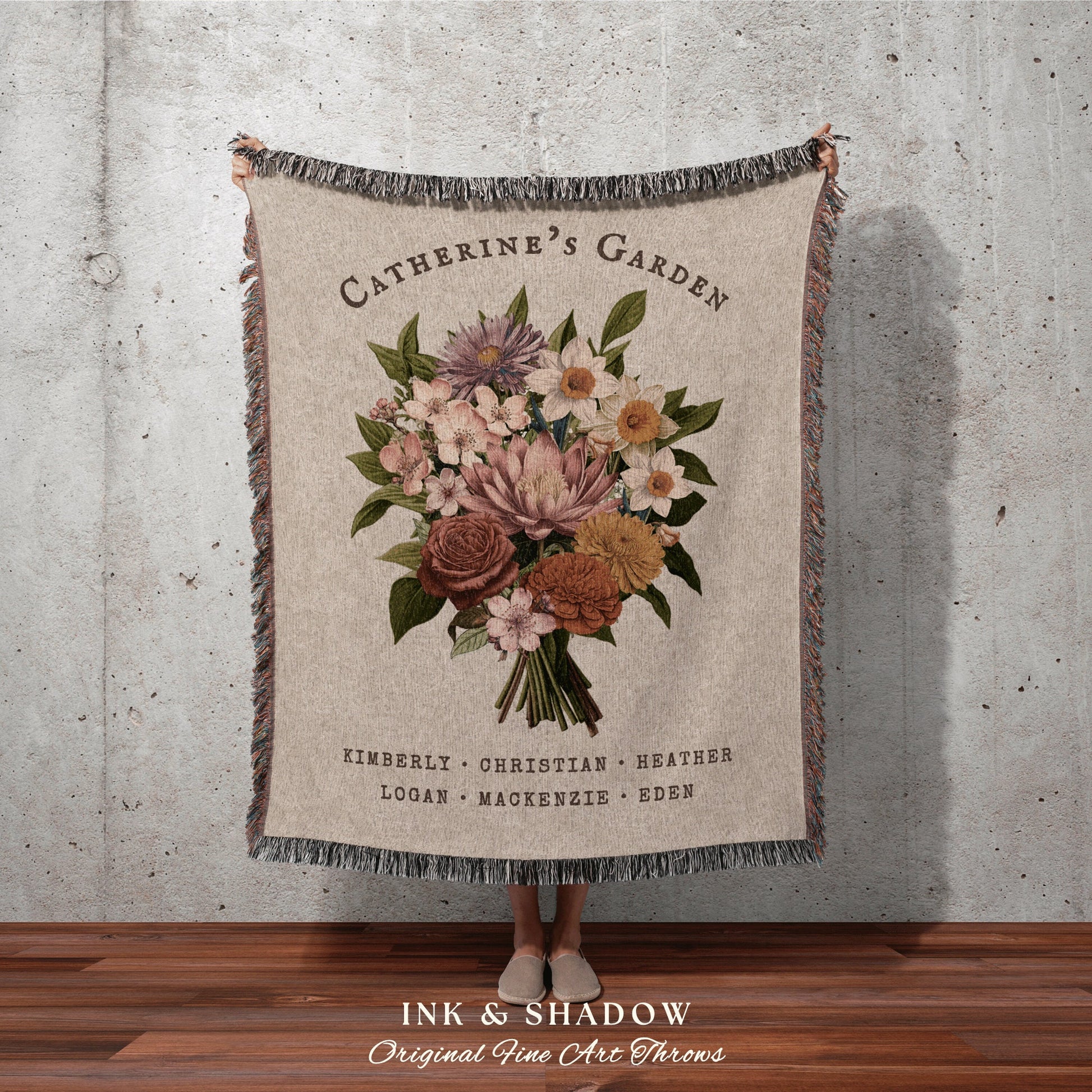 Custom Family Birth Flower Bouquet Personalized Family Name Tapestry Woven Throw Blanket Gift from Family Flower Art Thoughtful Gift for Mom