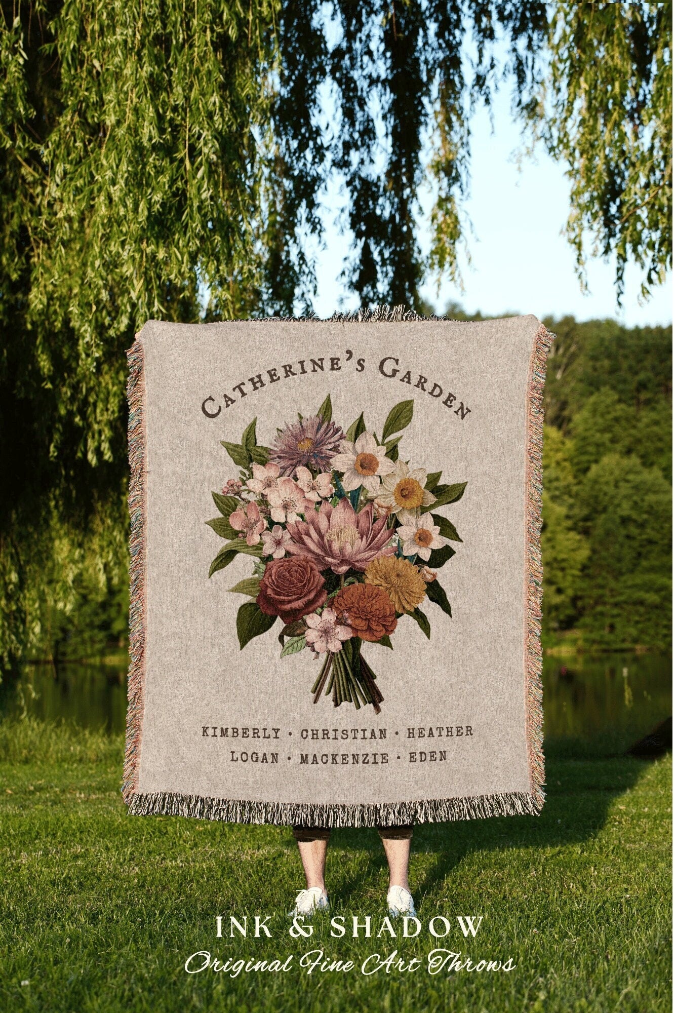 Custom Family Birth Flower Bouquet Personalized Family Name Tapestry Woven Throw Blanket Gift from Family Flower Art Thoughtful Gift for Mom