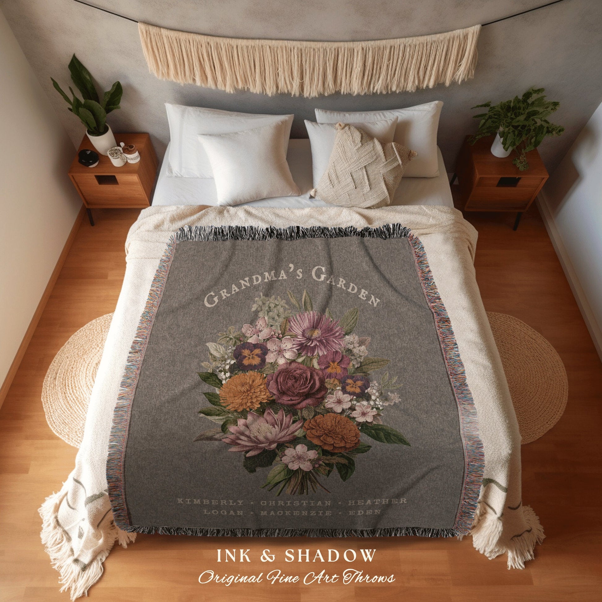 Grandmas Garden Custom Bouquet Blanket Family Birth Flower Gift Personalized Family Name Gift for Grandma Custom Nana's Garden Woven Throw