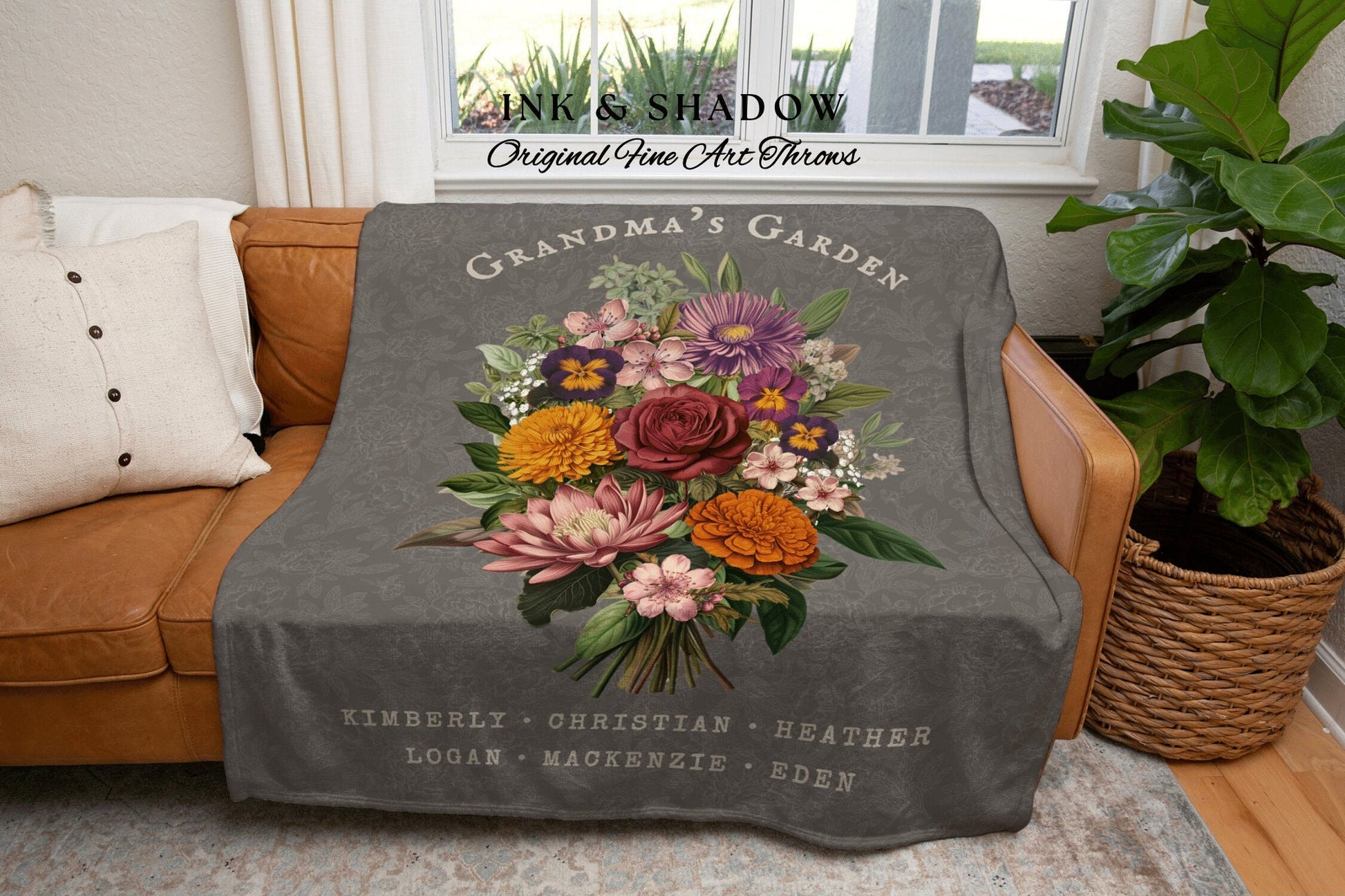 Grandmas Garden Custom Bouquet Blanket Family Birth Flower Gift Personalized Family Name Gift for Grandma Custom Nana's Garden Woven Throw