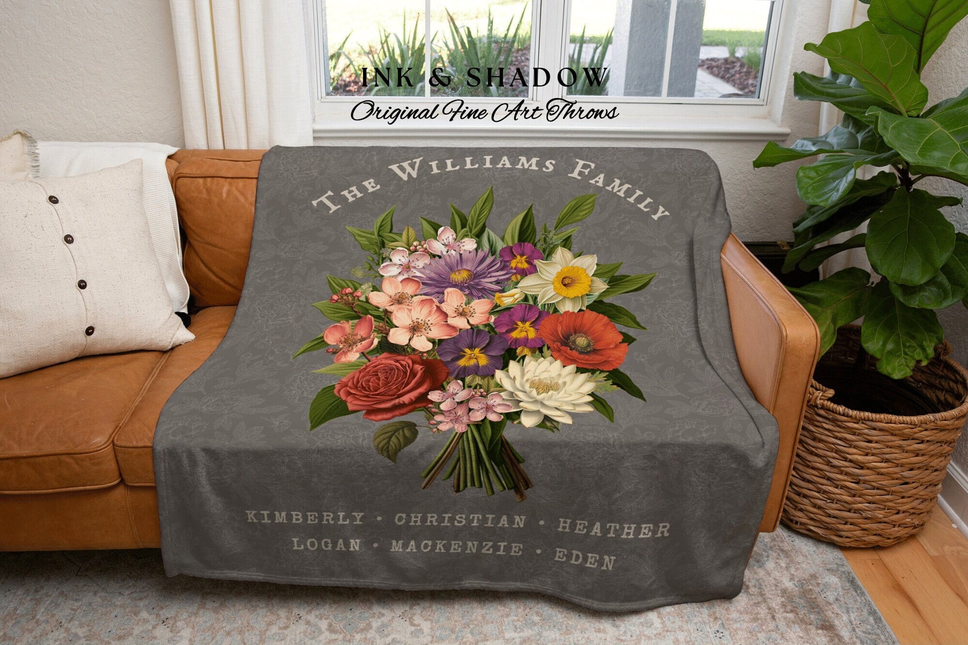 Birth Flower Bouquet Blanket Custom Family Names Gift for Family Birth Flower Garden Woven Throw Blanket Gift from Grandkids Nana's Garden