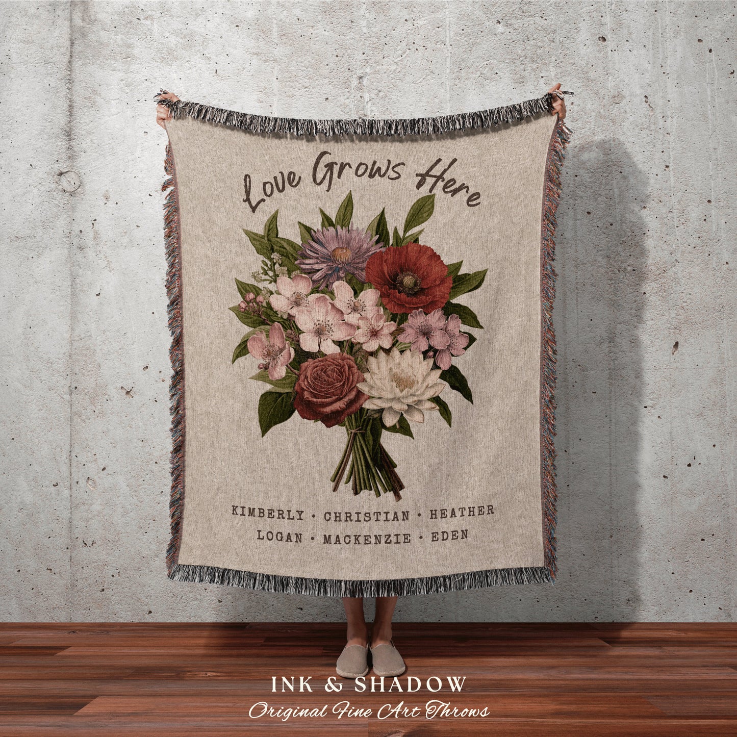 Moms Family Garden Blanket Custom Birth Flower Bouquet Personalized Family Name Blanket Sentimental Gift Custom Mom Gift Blanket Woven Throw