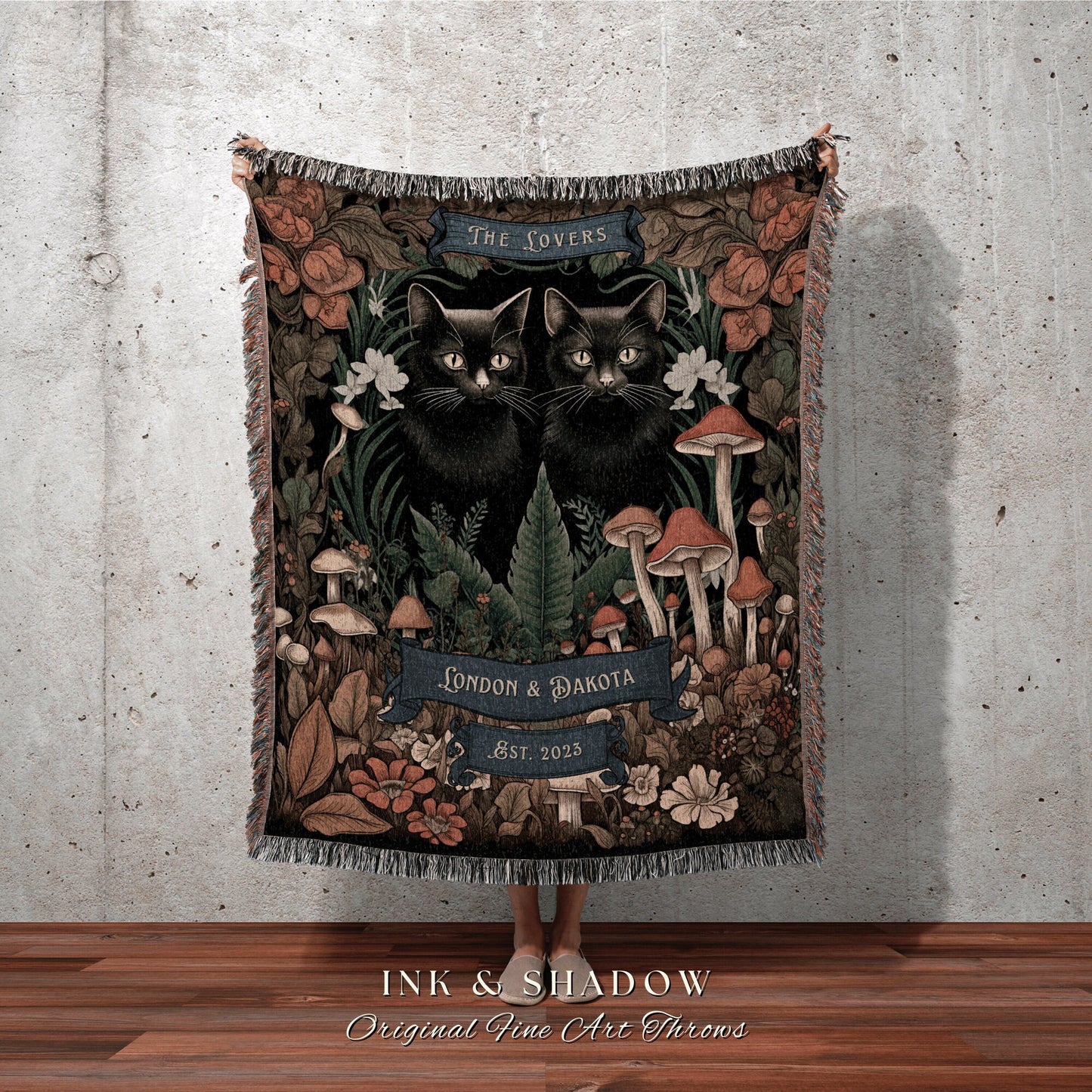 The Lovers Cat Couple Blanket | Tarot Tapestry Personalized Anniversary Gift Celestial Art Nouveau Aesthetic Custom Couples Black Cat Throw