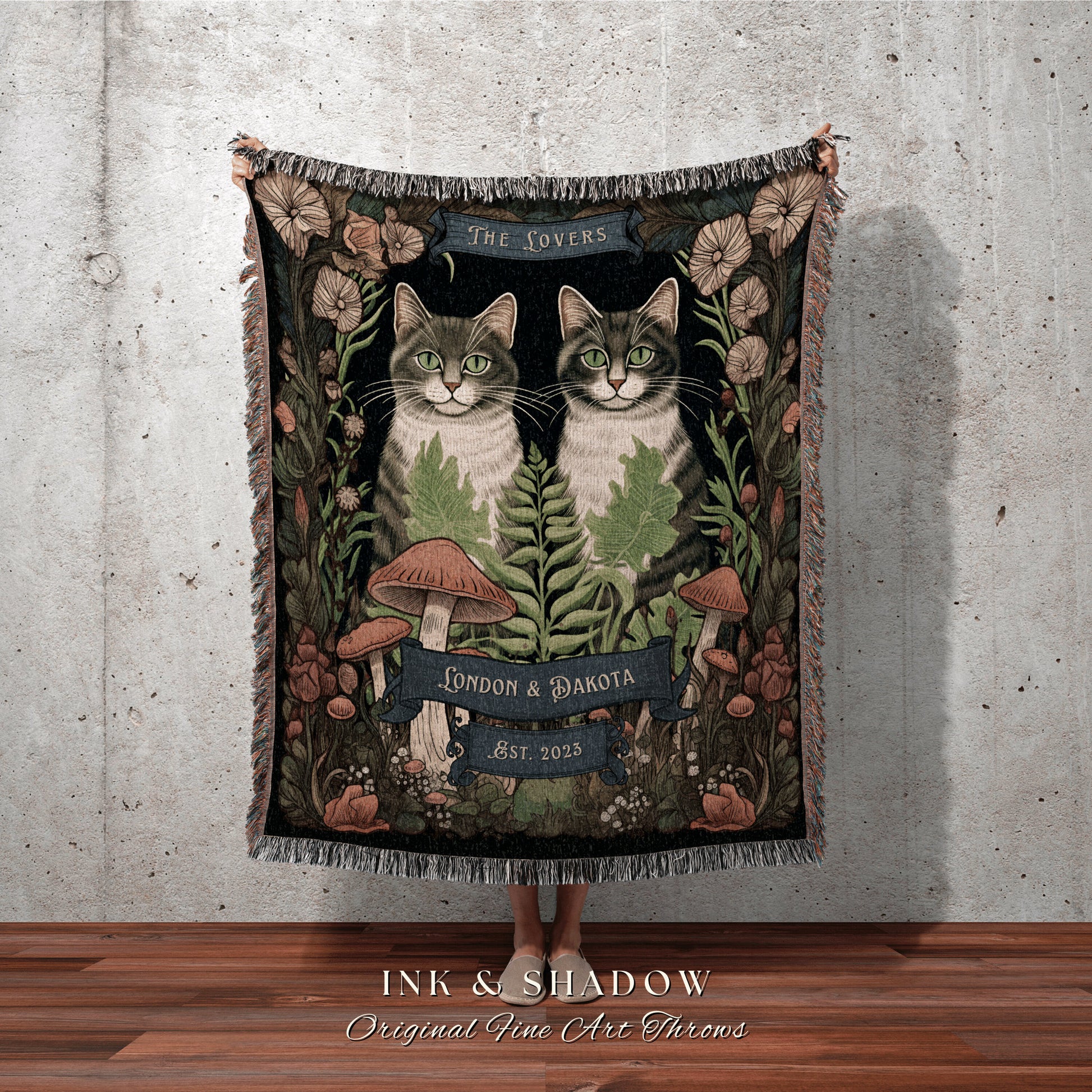 Cat Couple Blanket Personalized | Woven Tapestry Custom Anniversary Gift Celestial Art Nouveau Aesthetic Custom Couples Black Cat Lover Gift