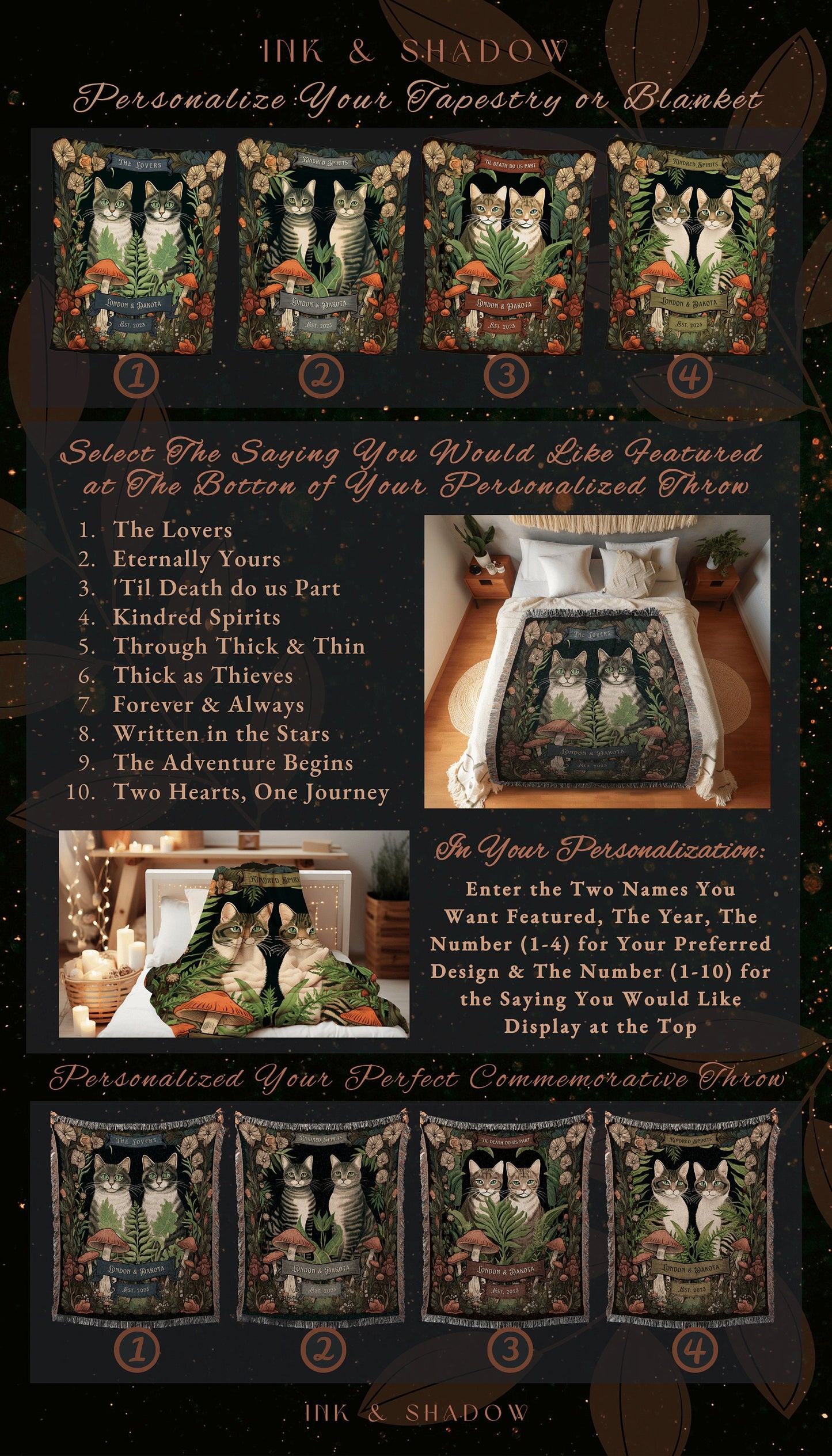 Cat Couple Blanket Personalized | Woven Tapestry Custom Anniversary Gift Celestial Art Nouveau Aesthetic Custom Couples Black Cat Lover Gift