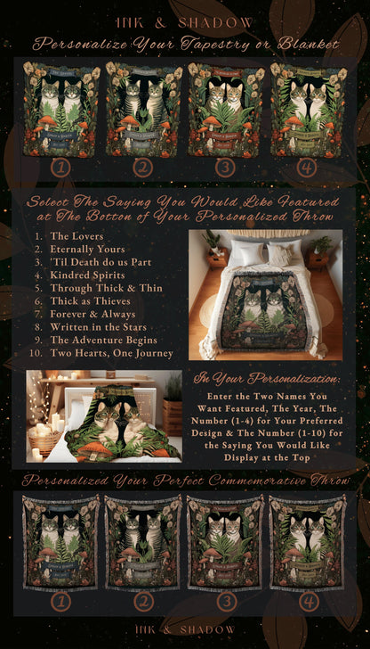 Cat Couple Blanket Personalized | Woven Tapestry Custom Anniversary Gift Celestial Art Nouveau Aesthetic Custom Couples Black Cat Lover Gift