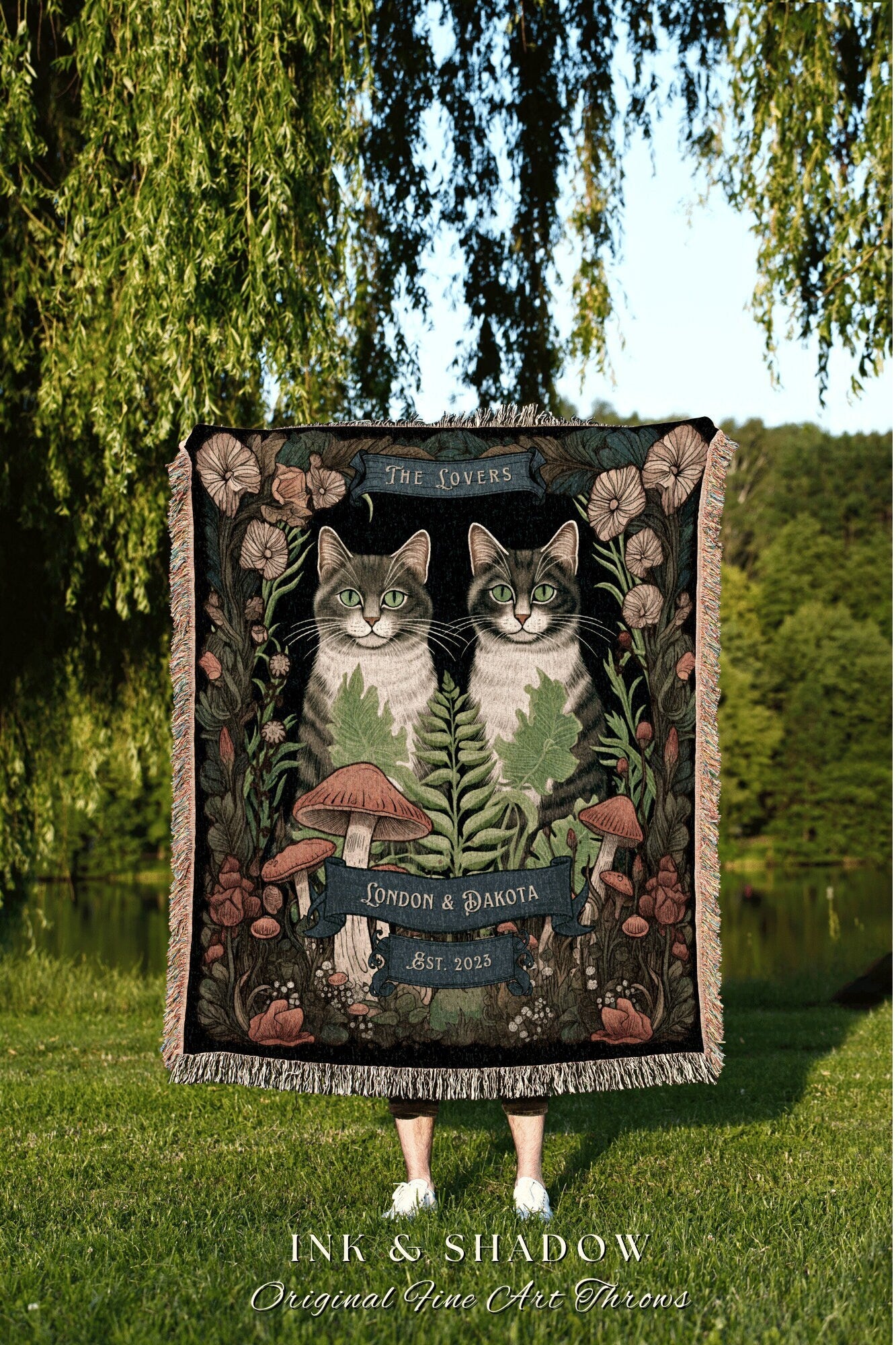 Cat Couple Blanket Personalized | Woven Tapestry Custom Anniversary Gift Celestial Art Nouveau Aesthetic Custom Couples Black Cat Lover Gift