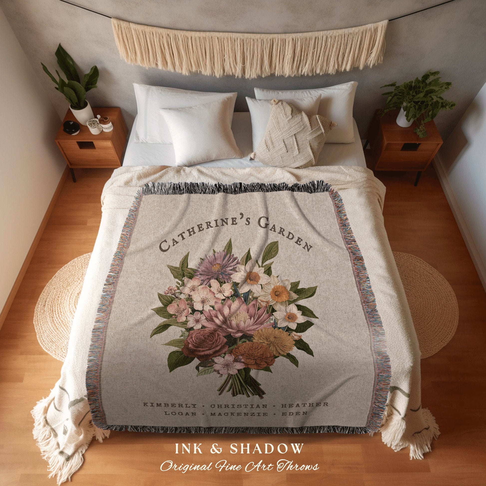 Custom Family Birth Flower Bouquet Personalized Family Name Tapestry Woven Throw Blanket Gift from Family Flower Art Thoughtful Gift for Mom