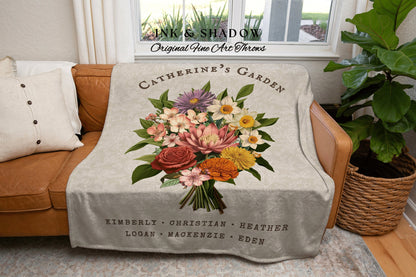 Custom Family Birth Flower Bouquet Personalized Family Name Tapestry Woven Throw Blanket Gift from Family Flower Art Thoughtful Gift for Mom