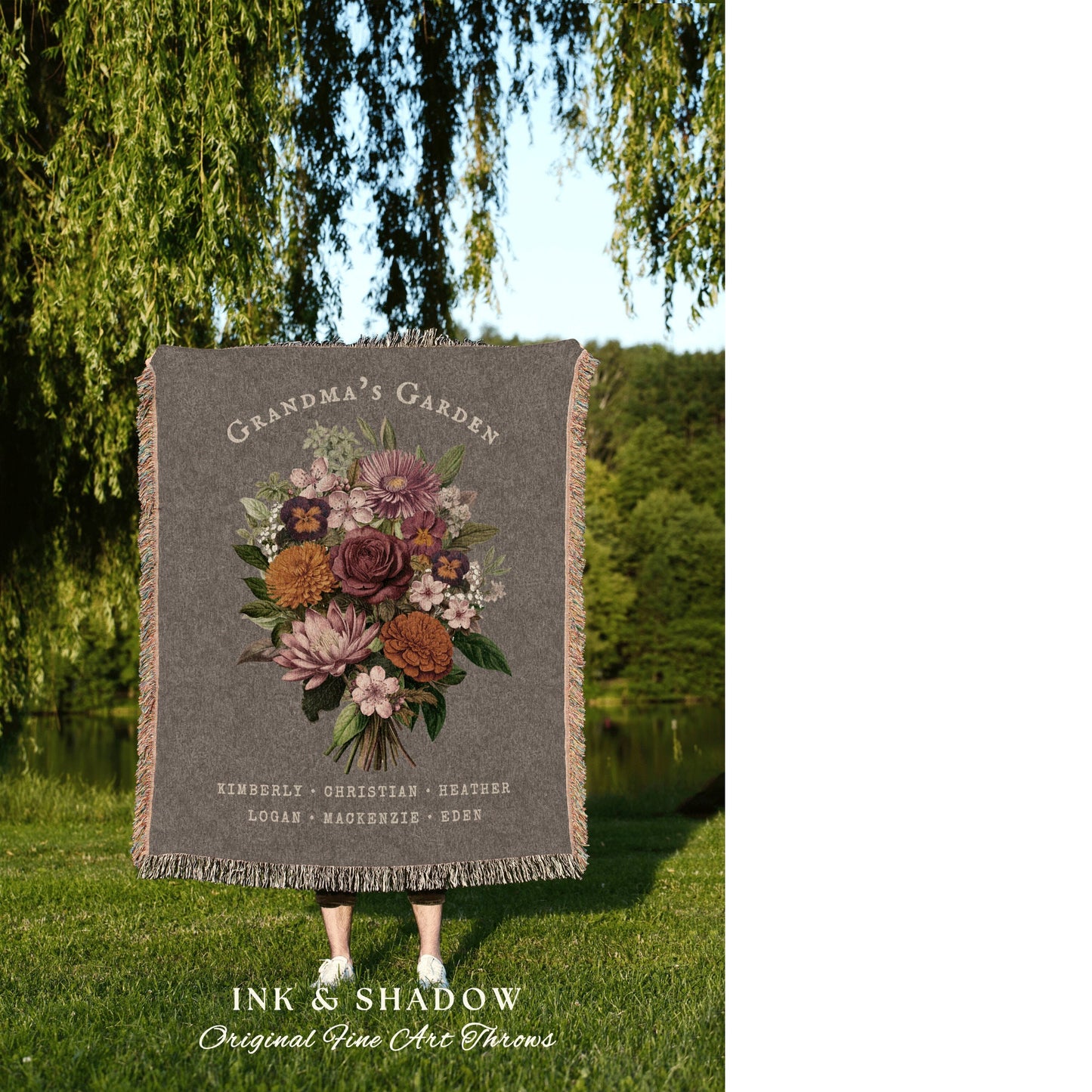 Grandmas Garden Custom Bouquet Blanket Family Birth Flower Gift Personalized Family Name Gift for Grandma Custom Nana's Garden Woven Throw