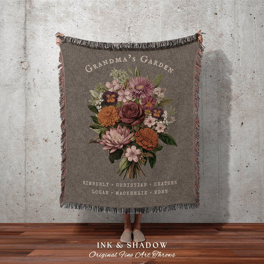 Grandmas Garden Custom Bouquet Blanket Family Birth Flower Gift Personalized Family Name Gift for Grandma Custom Nana's Garden Woven Throw