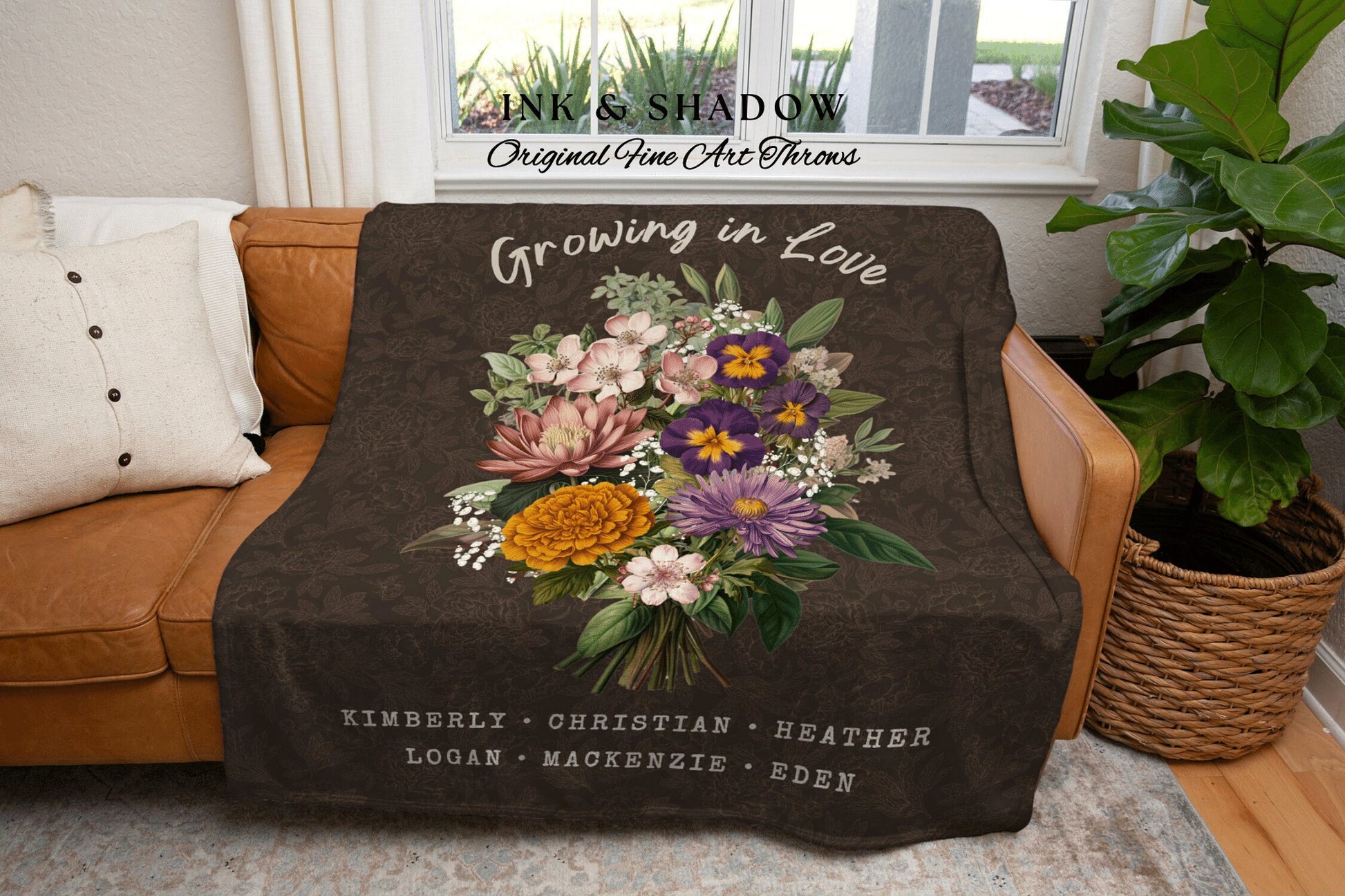 Vintage Custom Birth Flower Bouquet Blanket Personalized Family Keepsake Gift for Mom Garden Birth Flowers Grandmas Garden Throw Family Gift