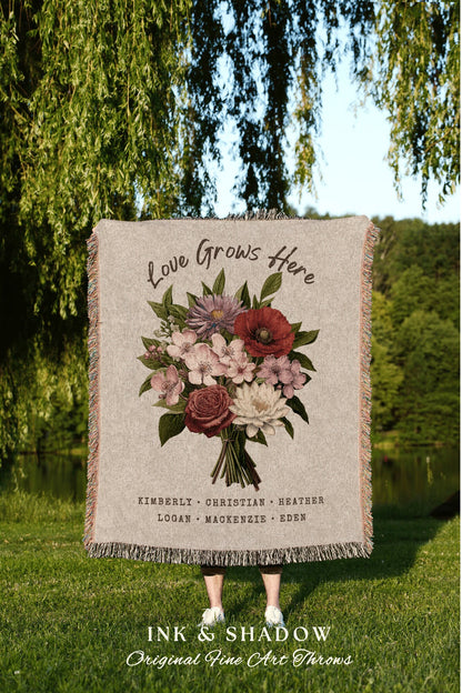 Moms Family Garden Blanket Custom Birth Flower Bouquet Personalized Family Name Blanket Sentimental Gift Custom Mom Gift Blanket Woven Throw