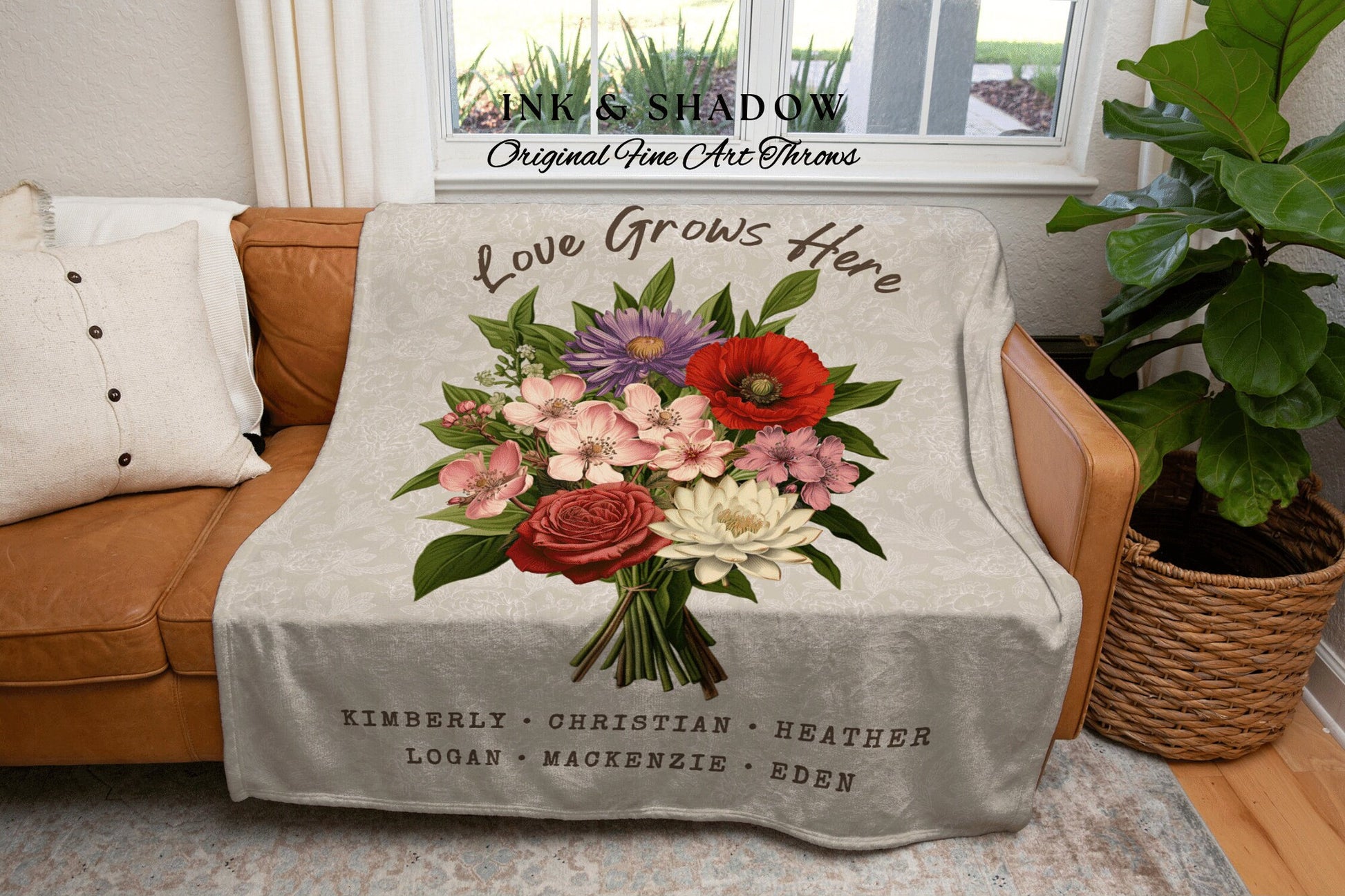 Moms Family Garden Blanket Custom Birth Flower Bouquet Personalized Family Name Blanket Sentimental Gift Custom Mom Gift Blanket Woven Throw