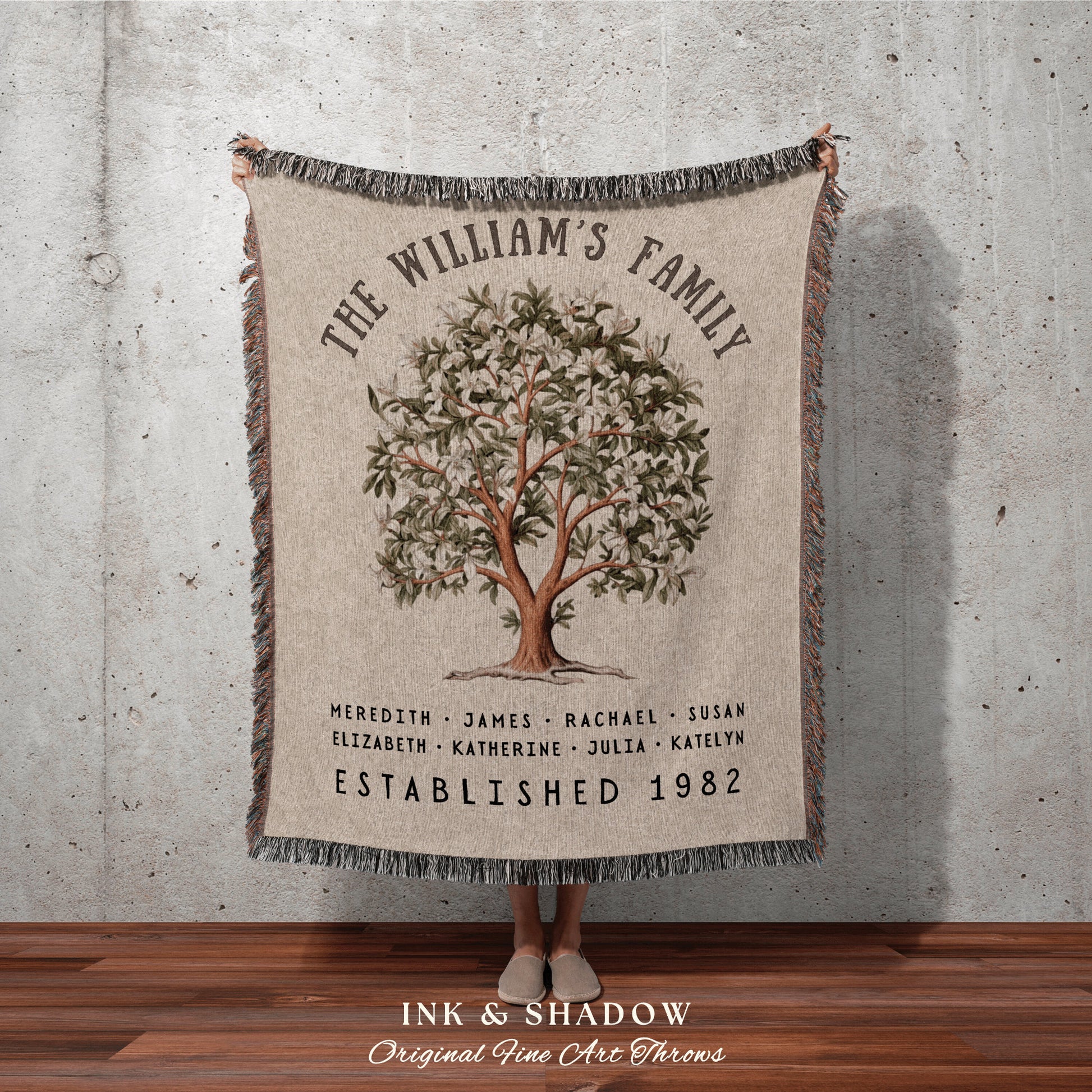 Magnolia Tree Family Name Blanket | Customized Family Tree Blanket Custom Family Gift Sentimental Gift for Mom Personalized Family Name Gift