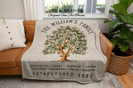 Magnolia Tree Family Name Blanket | Customized Family Tree Blanket Custom Family Gift Sentimental Gift for Mom Personalized Family Name Gift