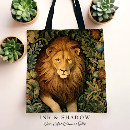 Floral Lion Tote Bag Morris Aesthetic Lion Lover Gift Dark Academia Victorian Gothic Tapestry Woven Animal Art Tote Cottagecore Artsy Bag