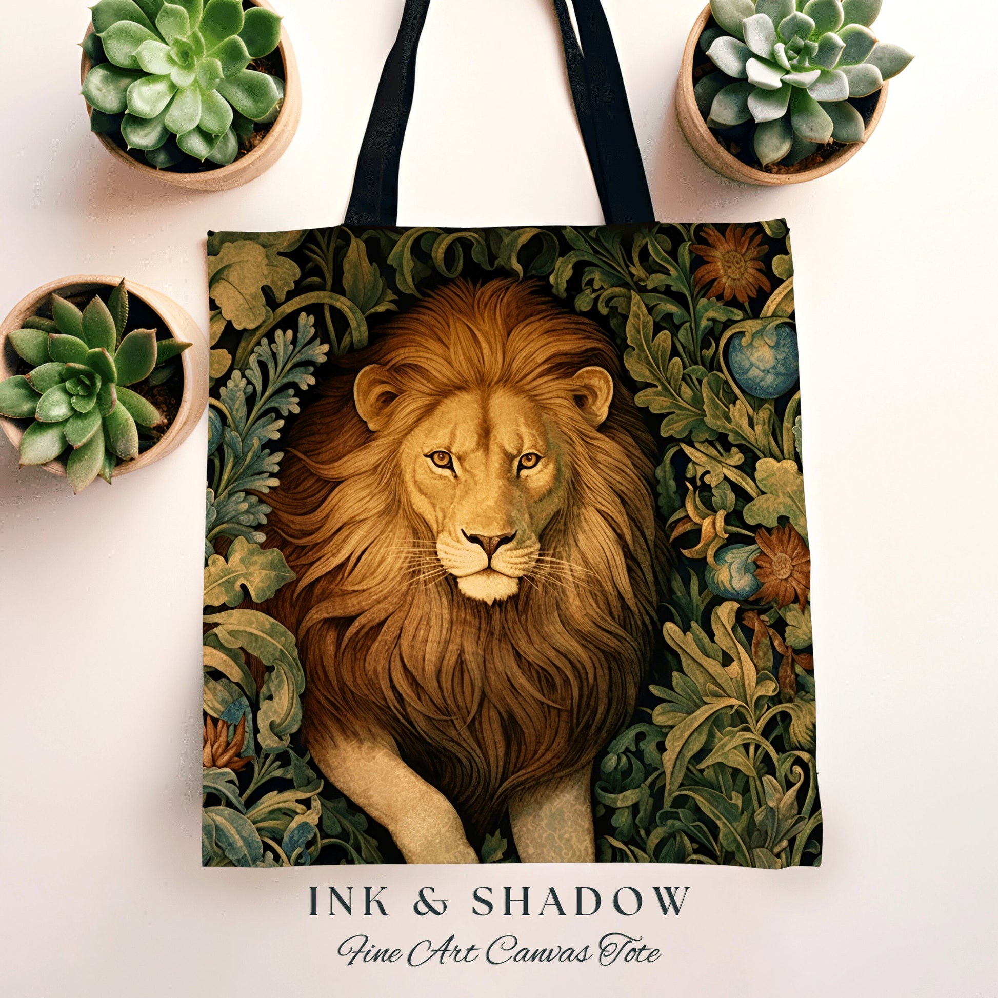 Floral Lion Tote Bag Morris Aesthetic Lion Lover Gift Dark Academia Victorian Gothic Tapestry Woven Animal Art Tote Cottagecore Artsy Bag