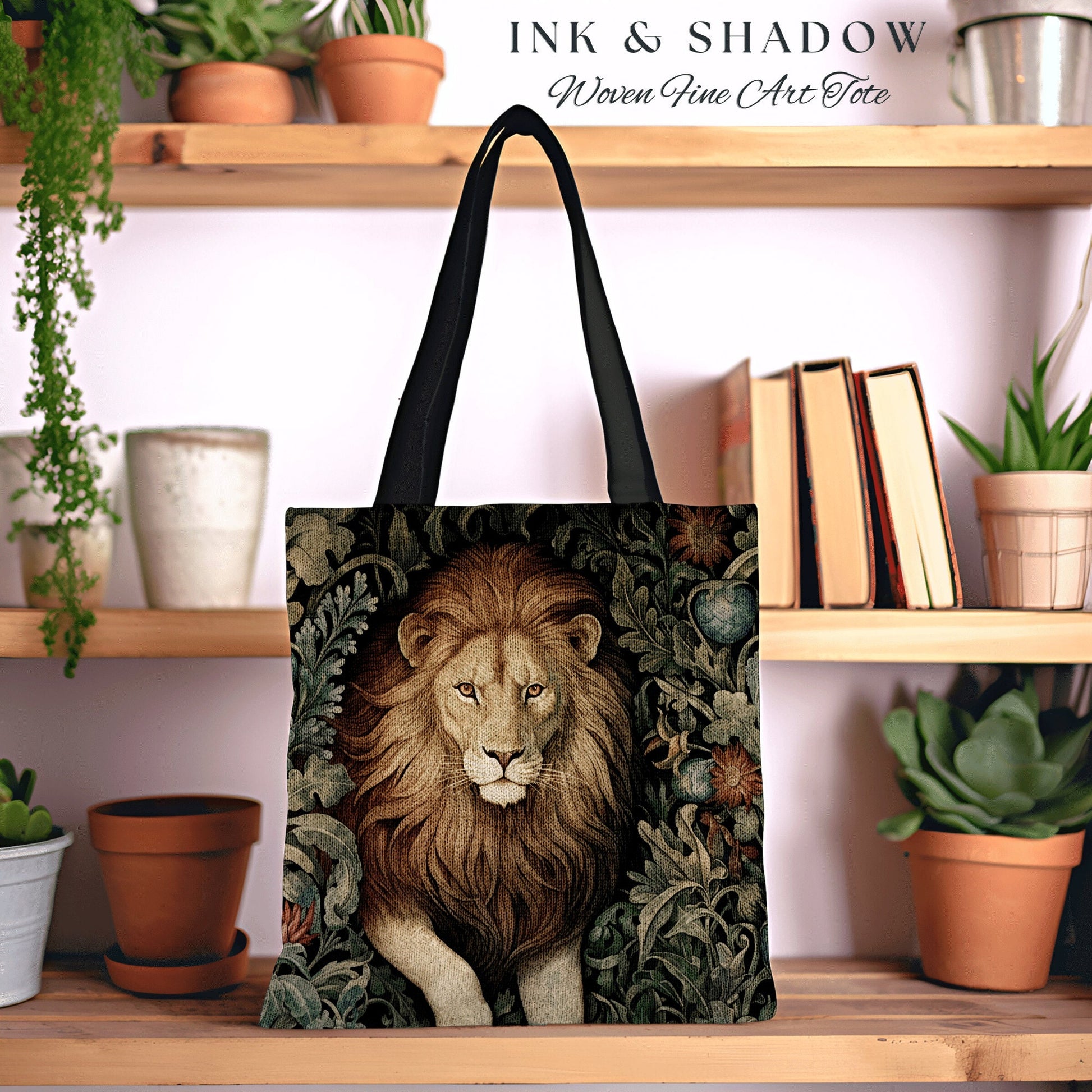 Floral Lion Tote Bag Morris Aesthetic Lion Lover Gift Dark Academia Victorian Gothic Tapestry Woven Animal Art Tote Cottagecore Artsy Bag