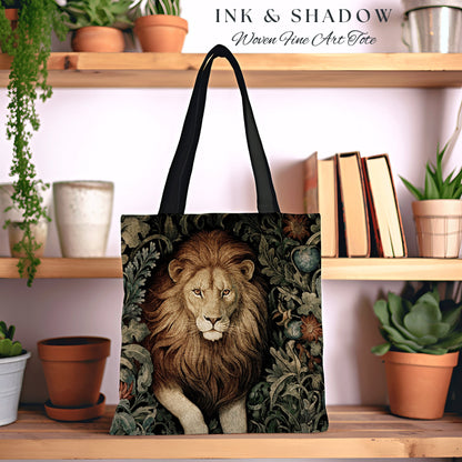 Floral Lion Tote Bag Morris Aesthetic Lion Lover Gift Dark Academia Victorian Gothic Tapestry Woven Animal Art Tote Cottagecore Artsy Bag