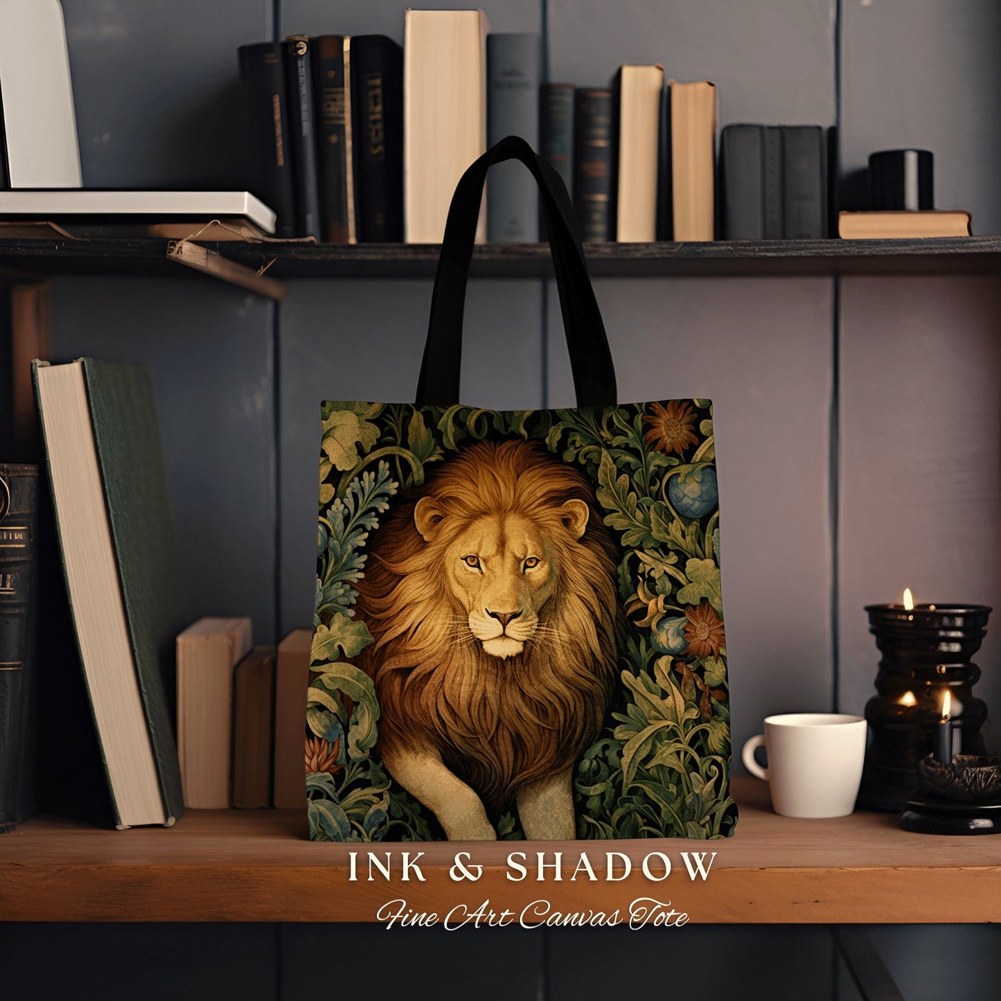 Floral Lion Tote Bag Morris Aesthetic Lion Lover Gift Dark Academia Victorian Gothic Tapestry Woven Animal Art Tote Cottagecore Artsy Bag