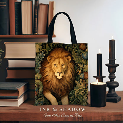 Floral Lion Tote Bag Morris Aesthetic Lion Lover Gift Dark Academia Victorian Gothic Tapestry Woven Animal Art Tote Cottagecore Artsy Bag