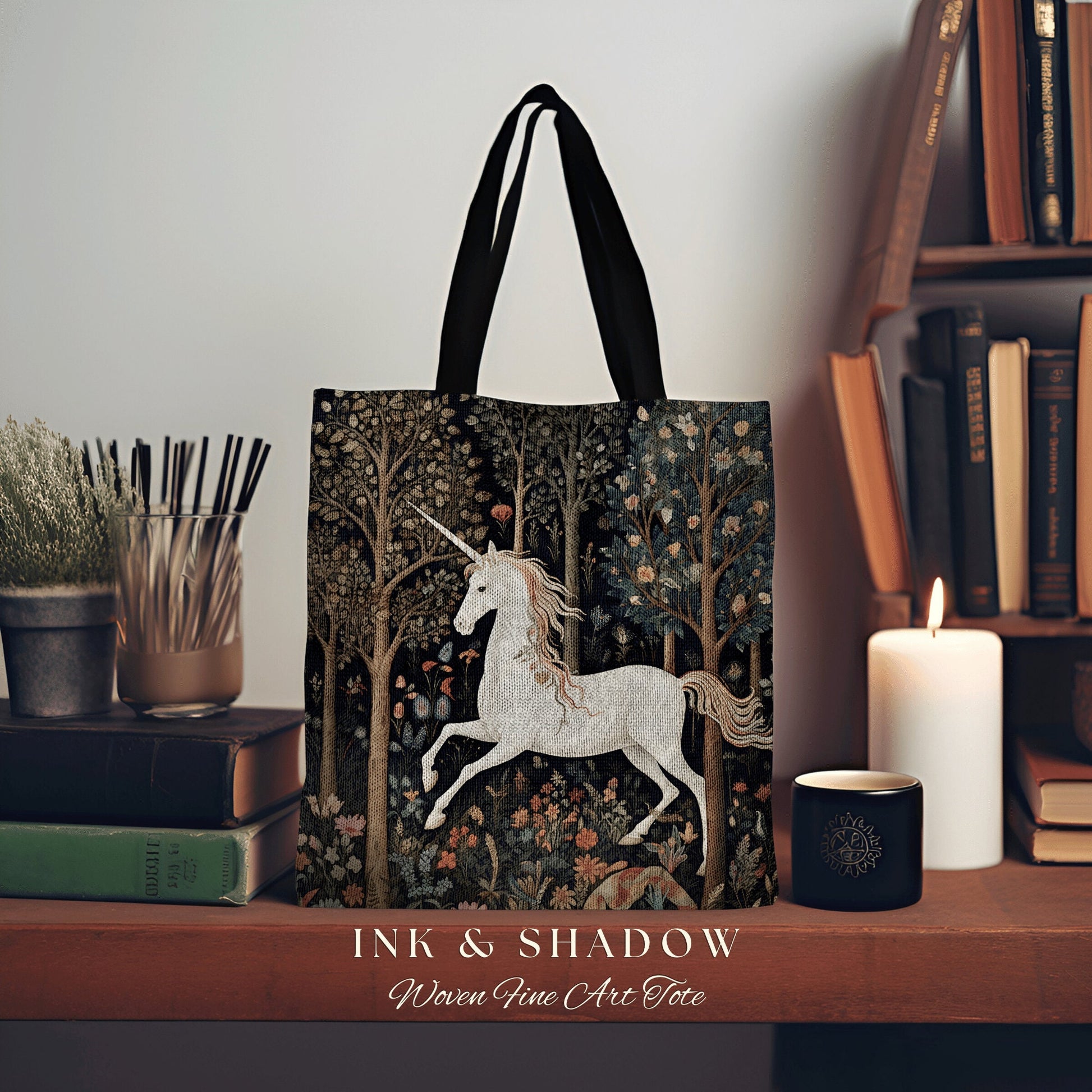 Witchy Unicorn Tapestry Tote Woven | William Morris Inspired Tote Bag Aesthetic Mystical Tapestry Bag Woven Victorian Fairycore Folklore Bag