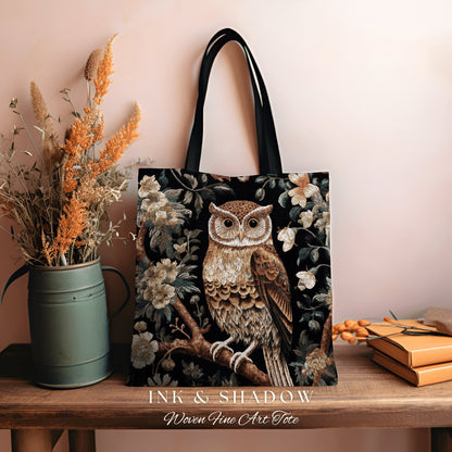 Owl Tapestry Tote Woven Bag | William Morris Inspired Tote Bag Aesthetic Botanical Tapestry Tote Woven Victorian Fairy Core Owl Tote Boho |