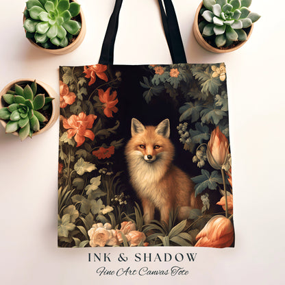 Dark Botanical Fox Tote Woven | William Morris Inspired Tote Bag Aesthetic Mystical Tapestry Bag Woven Victorian Fairycore Fox Folklore Bag