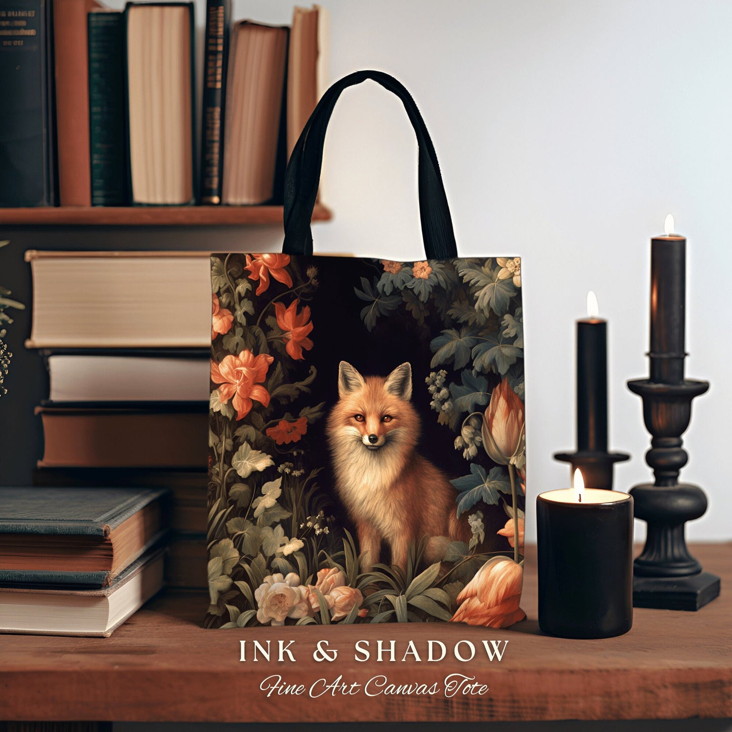 Dark Botanical Fox Tote Woven | William Morris Inspired Tote Bag Aesthetic Mystical Tapestry Bag Woven Victorian Fairycore Fox Folklore Bag