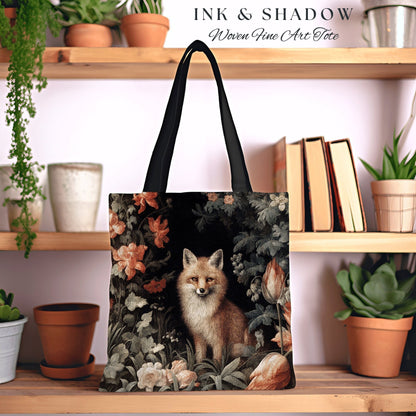 Dark Botanical Fox Tote Woven | William Morris Inspired Tote Bag Aesthetic Mystical Tapestry Bag Woven Victorian Fairycore Fox Folklore Bag