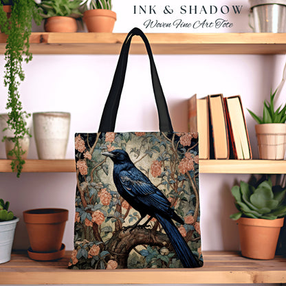 Crowcore Gothic Tote Bag | William Morris Inspired Raven Tote Bag Crow Core Satchel Maximalist Tapestry Tote Woven Witchy Fairy Aesthetic |