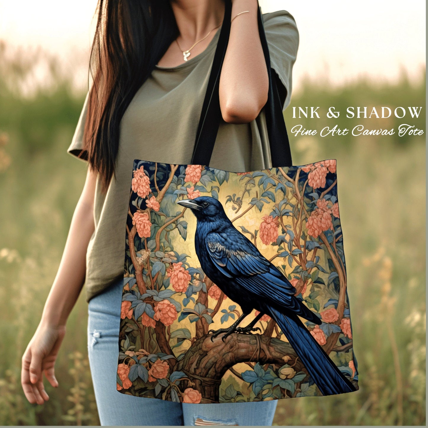 Crowcore Gothic Tote Bag | William Morris Inspired Raven Tote Bag Crow Core Satchel Maximalist Tapestry Tote Woven Witchy Fairy Aesthetic |