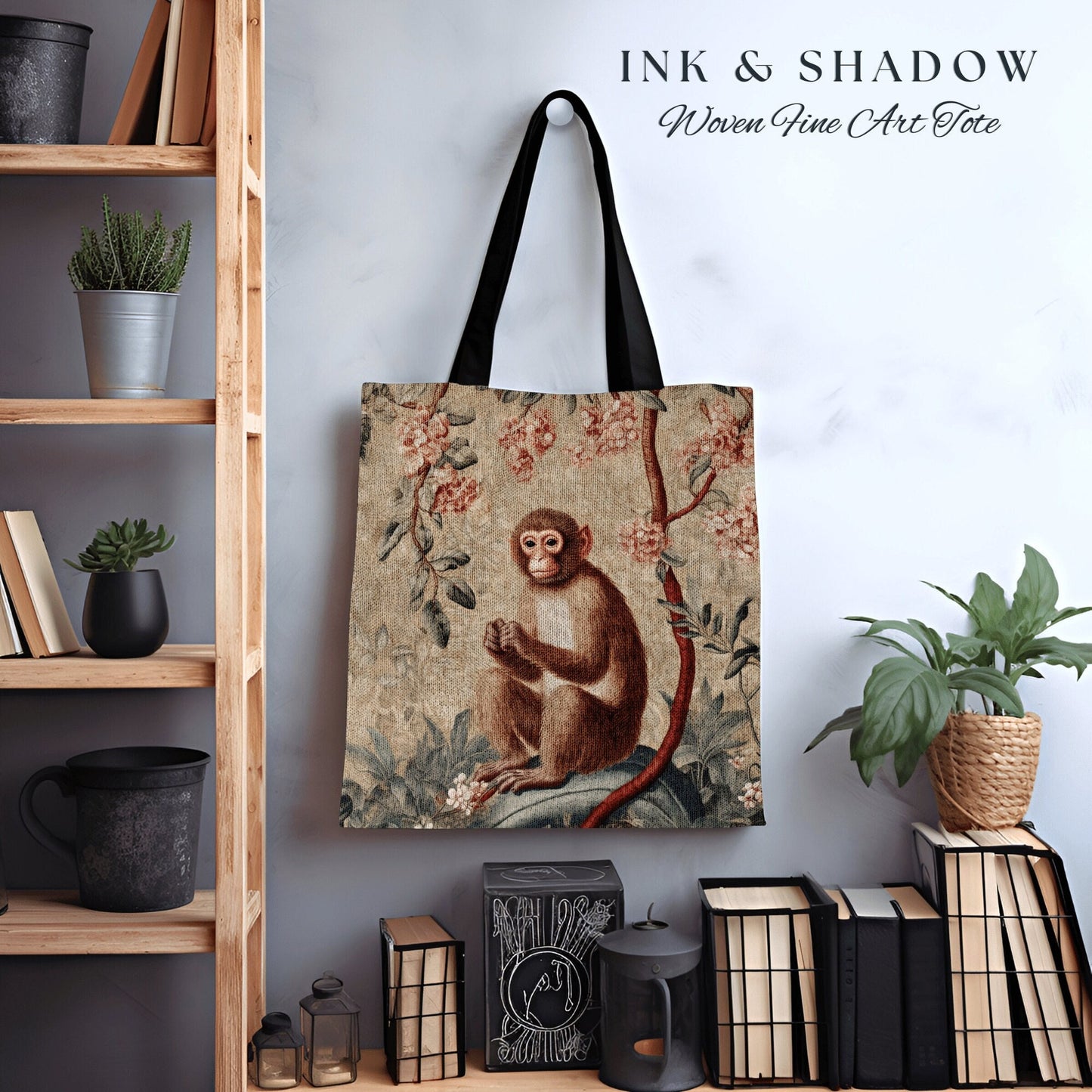 Victorian Gothic Monkey Tapestry Tote | William Morris Inspired Tote Bag Aesthetic Mystical Tapestry Bag Woven Victorian Fairycore Folklore