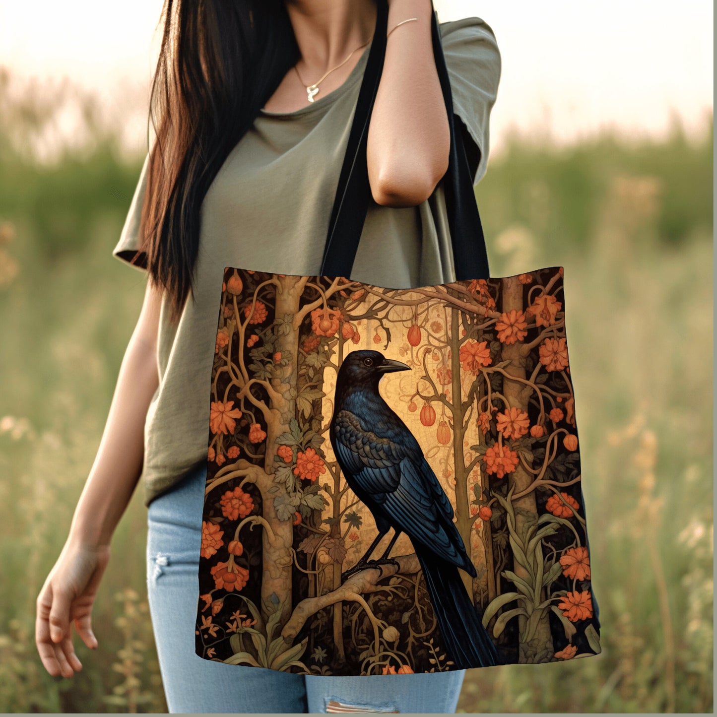 Dark Floral Crowcore Tapestry Bag | Gothic Tote William Morris Inspired Raven Tote Bag Crow Core Satchel Maximalist Tapestry Tote Bag Woven