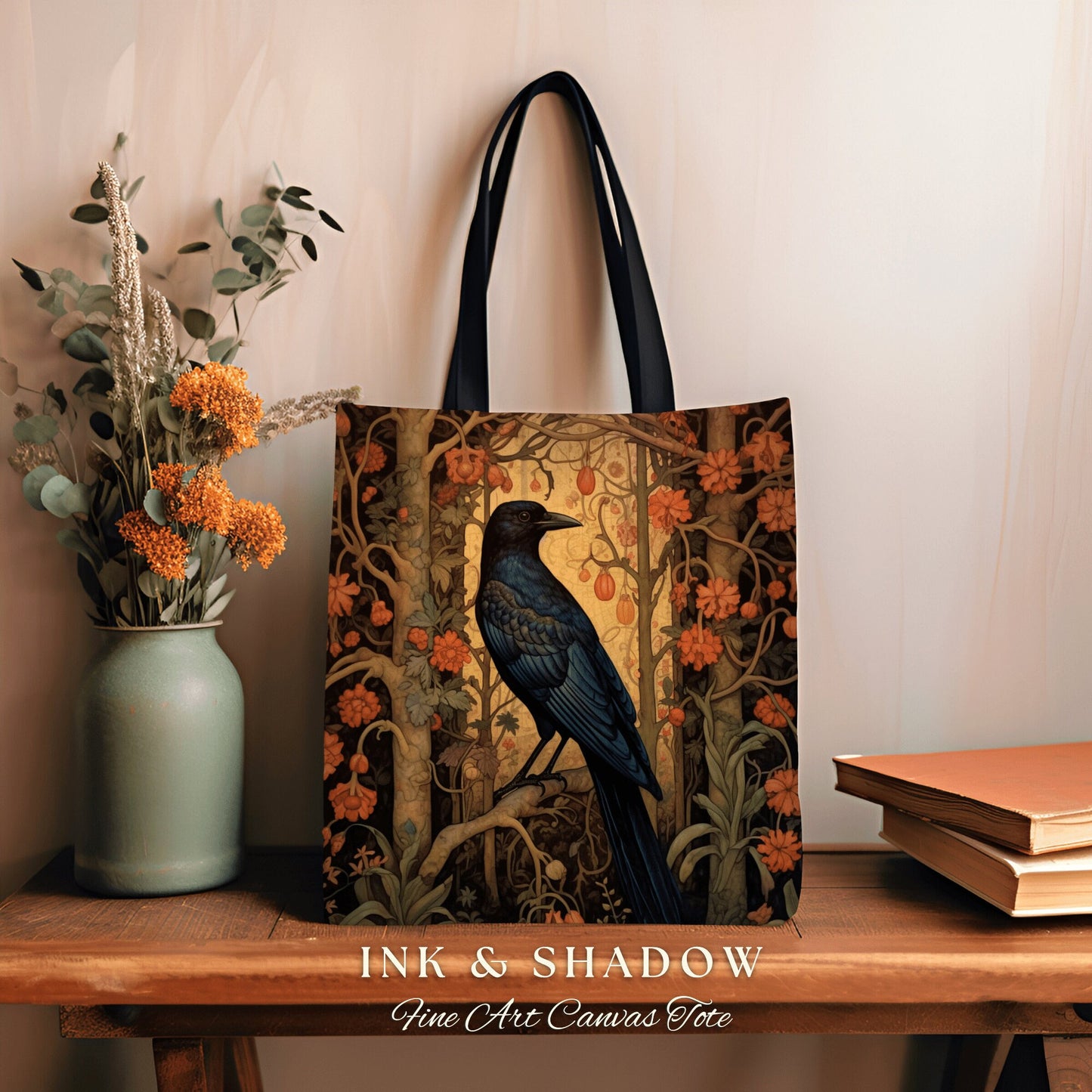 Dark Floral Crowcore Tapestry Bag | Gothic Tote William Morris Inspired Raven Tote Bag Crow Core Satchel Maximalist Tapestry Tote Bag Woven