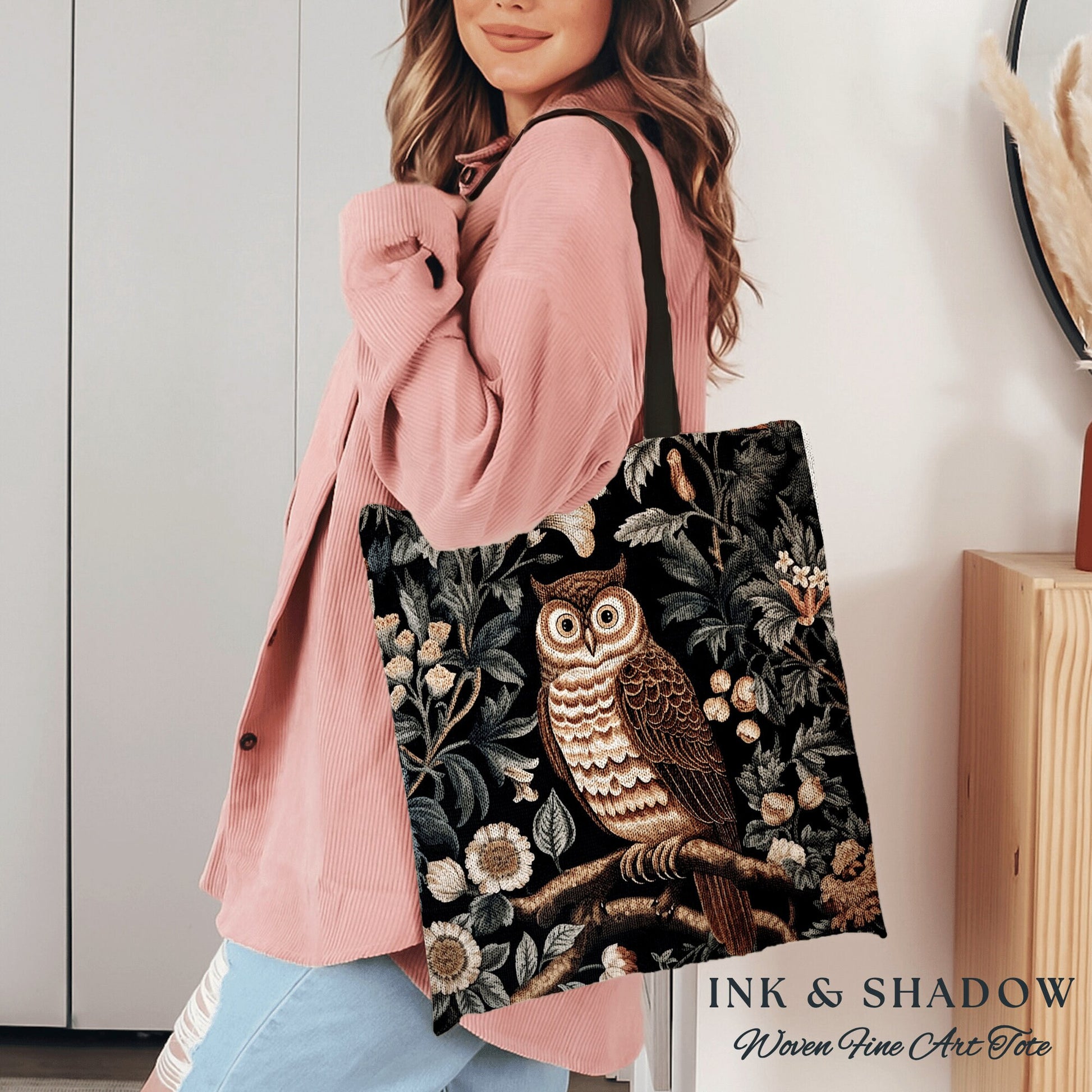 Woven Owl Tapestry Bag | William Morris Inspired Tote Bag Aesthetic Botanical Tapestry Tote Woven Victorian Fairy Core Owl Tote Whimsical |