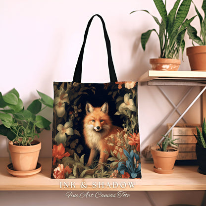 Floral Aesthetic Victorian Fox Tote | Dark Academia William Morris Inspired Tote Bag Aesthetic Medieval Woven Tapestry Bag Botanical Fox Art