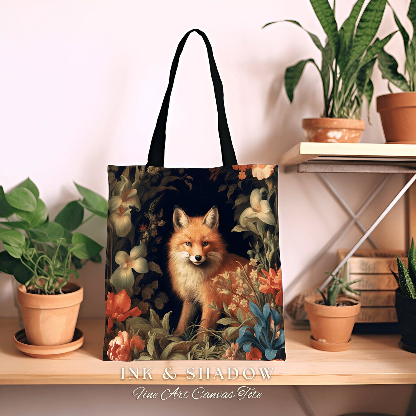 Floral Aesthetic Victorian Fox Tote | Dark Academia William Morris Inspired Tote Bag Aesthetic Medieval Woven Tapestry Bag Botanical Fox Art