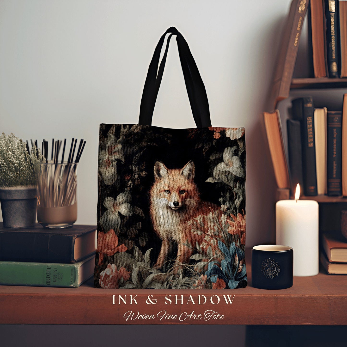 Floral Aesthetic Victorian Fox Tote | Dark Academia William Morris Inspired Tote Bag Aesthetic Medieval Woven Tapestry Bag Botanical Fox Art