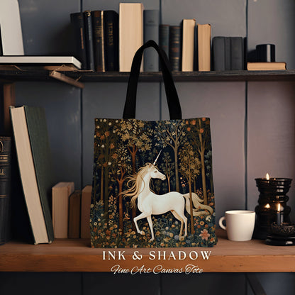 Folklore Unicorn Woven Tote Bag | Fairy Core Tote Bag William Morris Inspired Tote Bag Aesthetic Mystical Tapestry Bag Woven Victorian Style