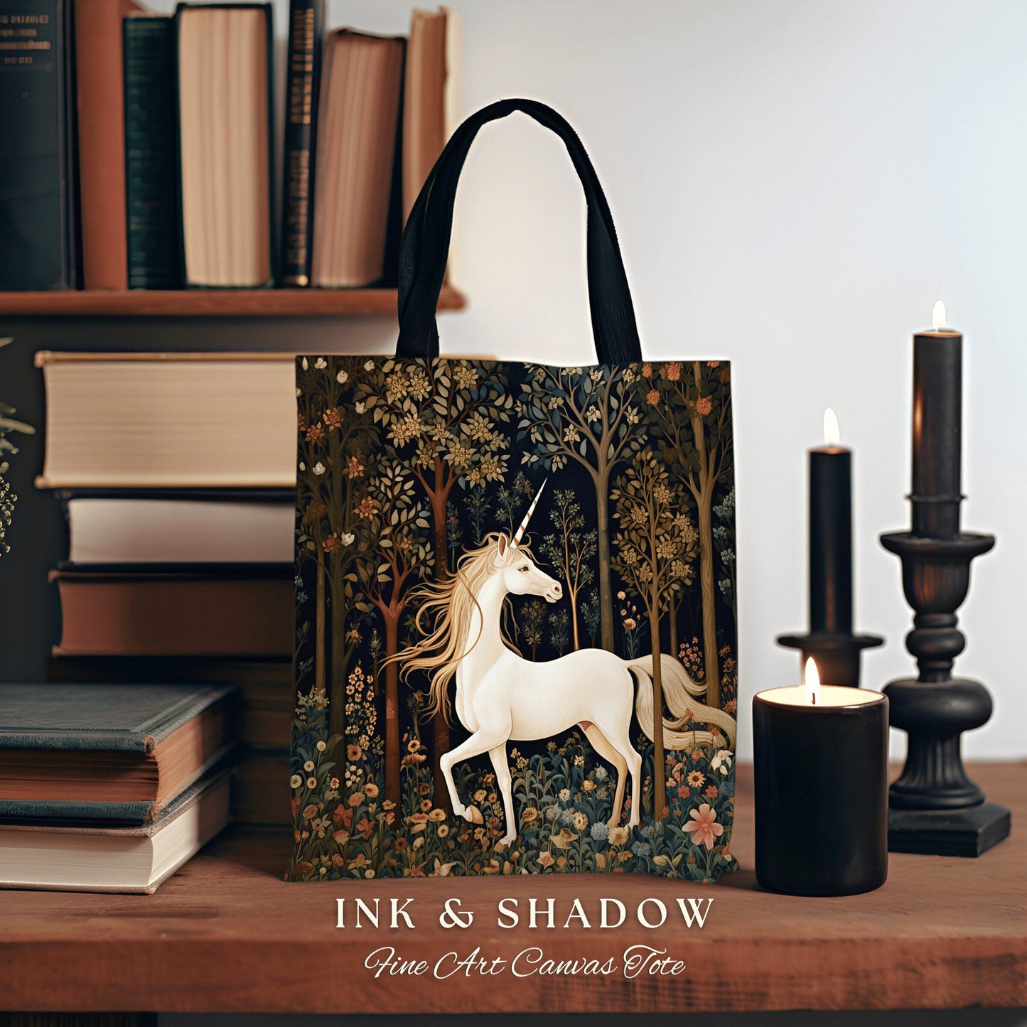 Folklore Unicorn Woven Tote Bag | Fairy Core Tote Bag William Morris Inspired Tote Bag Aesthetic Mystical Tapestry Bag Woven Victorian Style