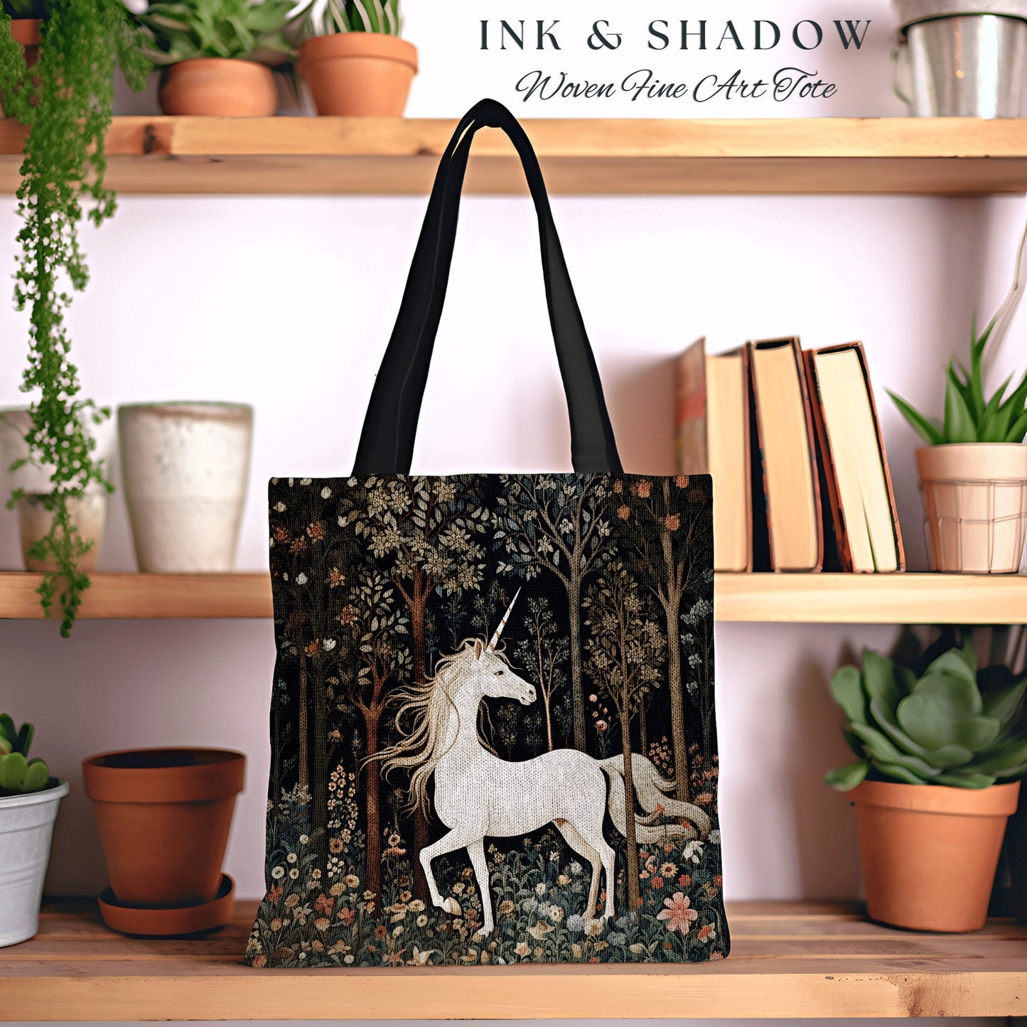 Folklore Unicorn Woven Tote Bag | Fairy Core Tote Bag William Morris Inspired Tote Bag Aesthetic Mystical Tapestry Bag Woven Victorian Style