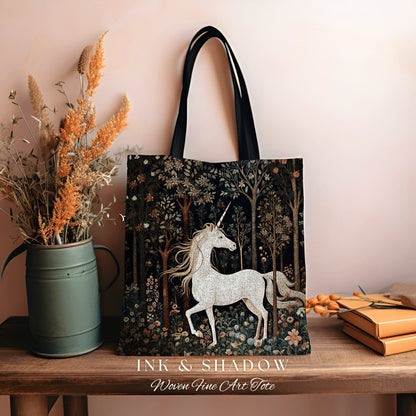 Folklore Unicorn Woven Tote Bag | Fairy Core Tote Bag William Morris Inspired Tote Bag Aesthetic Mystical Tapestry Bag Woven Victorian Style