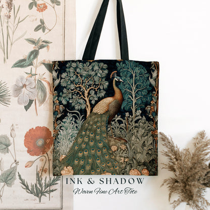 Medieval Peacock Whimsical Tote | William Morris Inspired Tote Bag Forestcore Satchel Maximalist Tapestry Tote Botanical Fairy Grunge Tote |