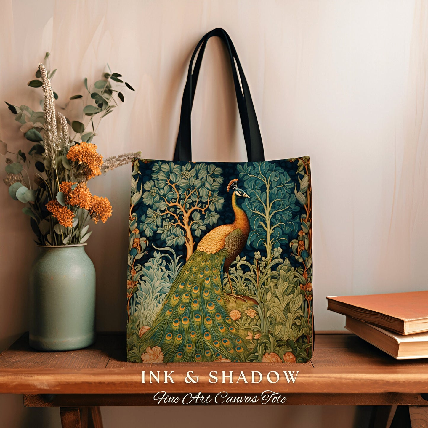 Medieval Peacock Whimsical Tote | William Morris Inspired Tote Bag Forestcore Satchel Maximalist Tapestry Tote Botanical Fairy Grunge Tote |