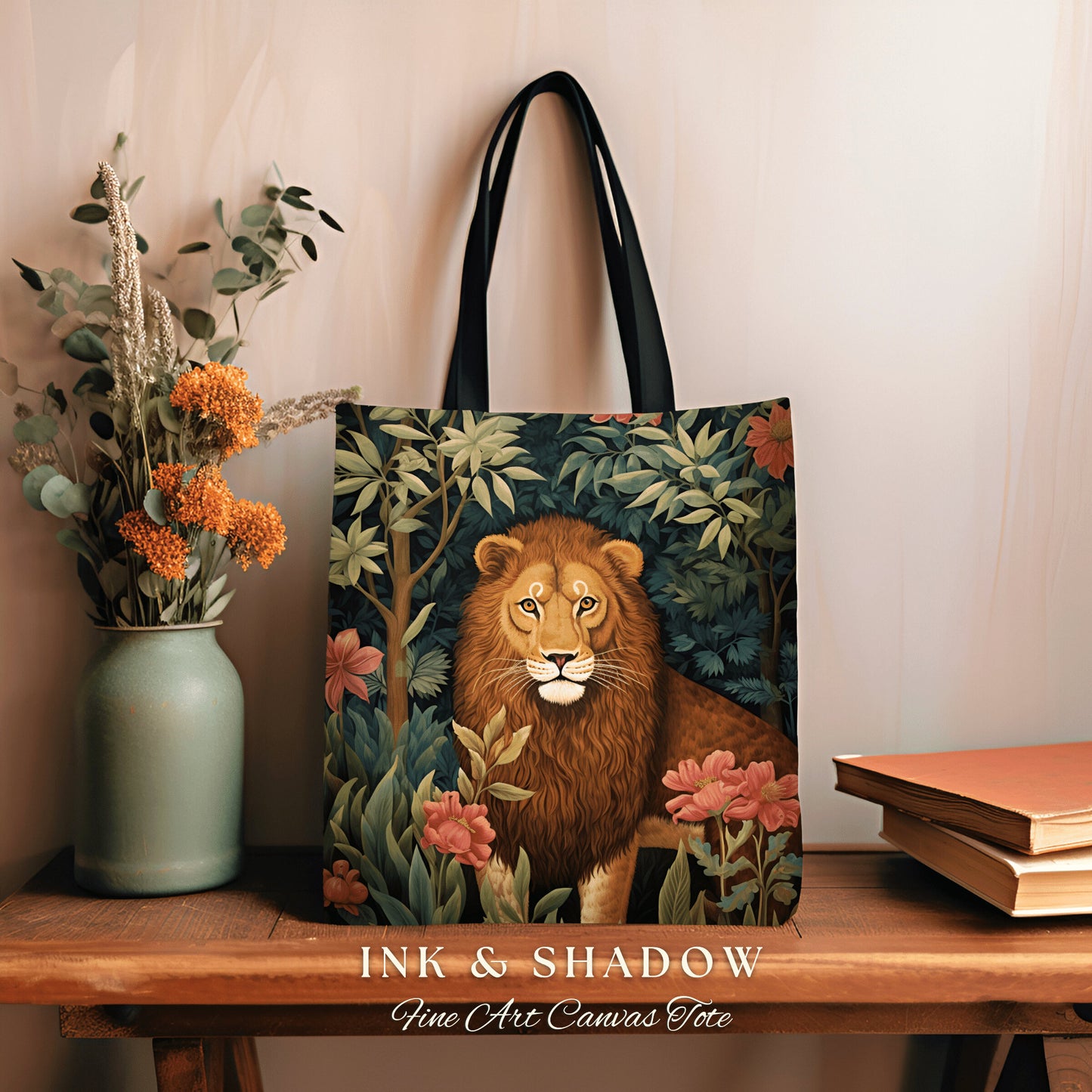 Floral Jungle Animal Tote | Lion Bag William Morris Inspired Tote Bag Aesthetic Mystical Tapestry Tote Woven Victorian Fairycore Botanical |