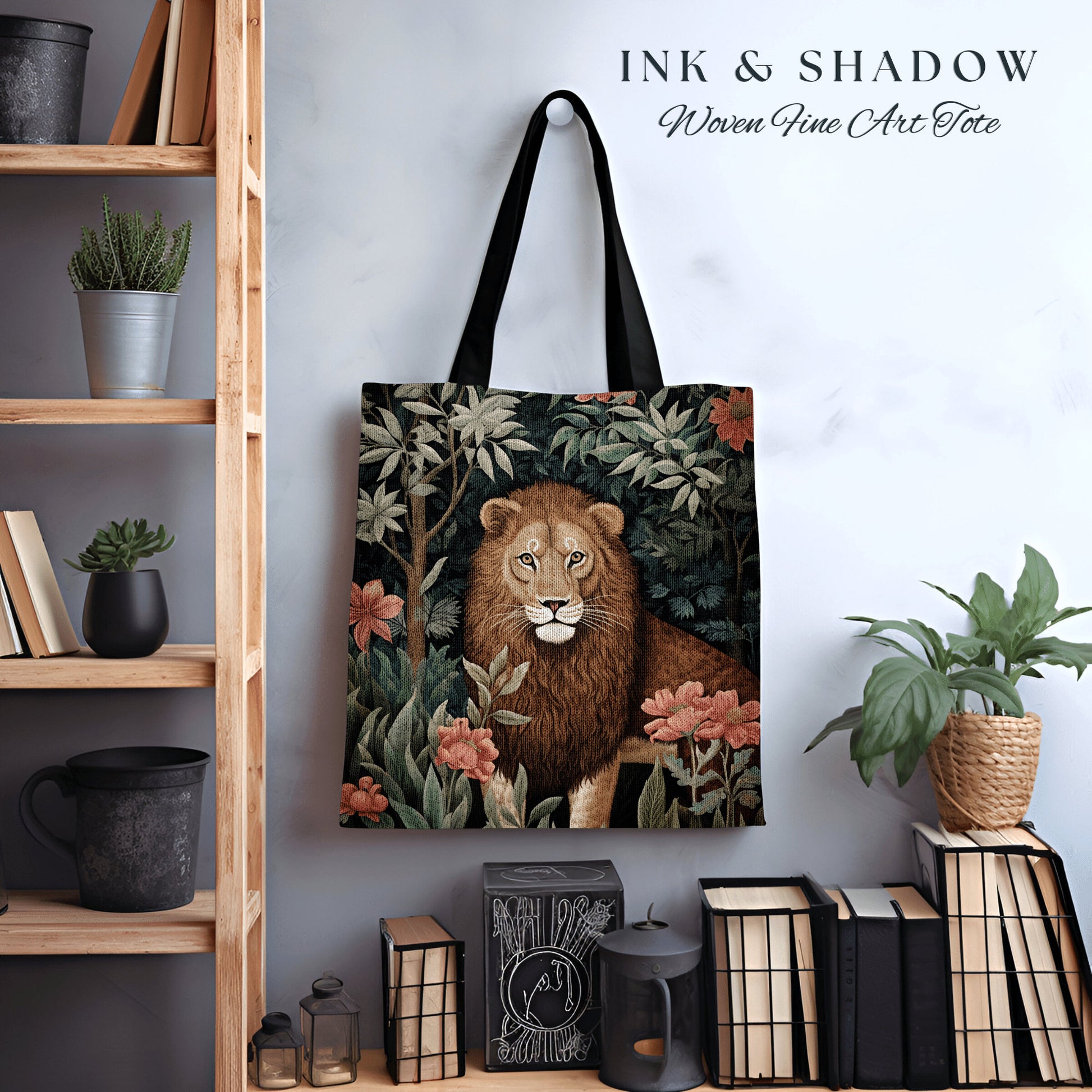 Floral Jungle Animal Tote | Lion Bag William Morris Inspired Tote Bag Aesthetic Mystical Tapestry Tote Woven Victorian Fairycore Botanical |